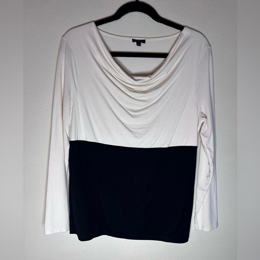 Talbots petites womens color block top black ivory cowl neck size LP long sleeve